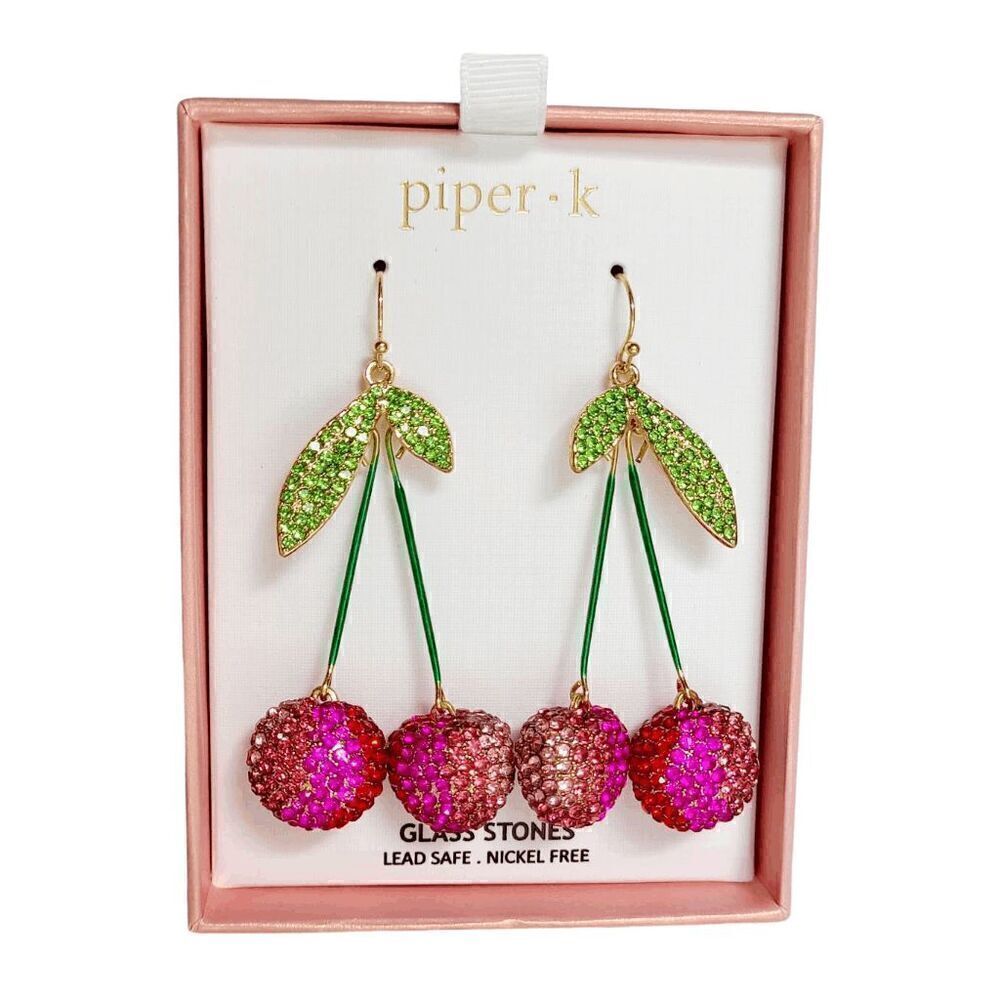 🍒 PIPER K Cherry Glass Stones Nickel Free Drop Statement Earrings NEW IN BOX